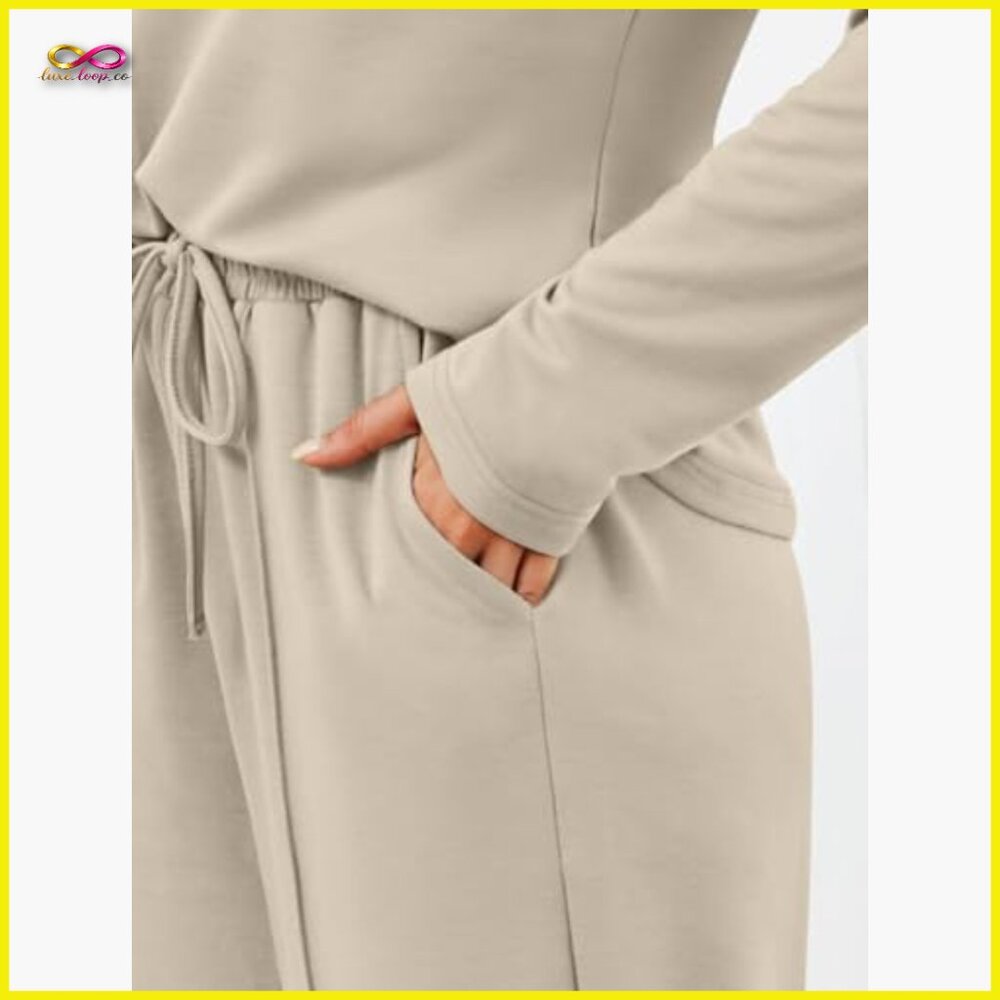V-Neck Tracksuit Set Wide Leg Pants Lounge Athleisure Travel Outfit Comfortable - Picture 5 of 5
